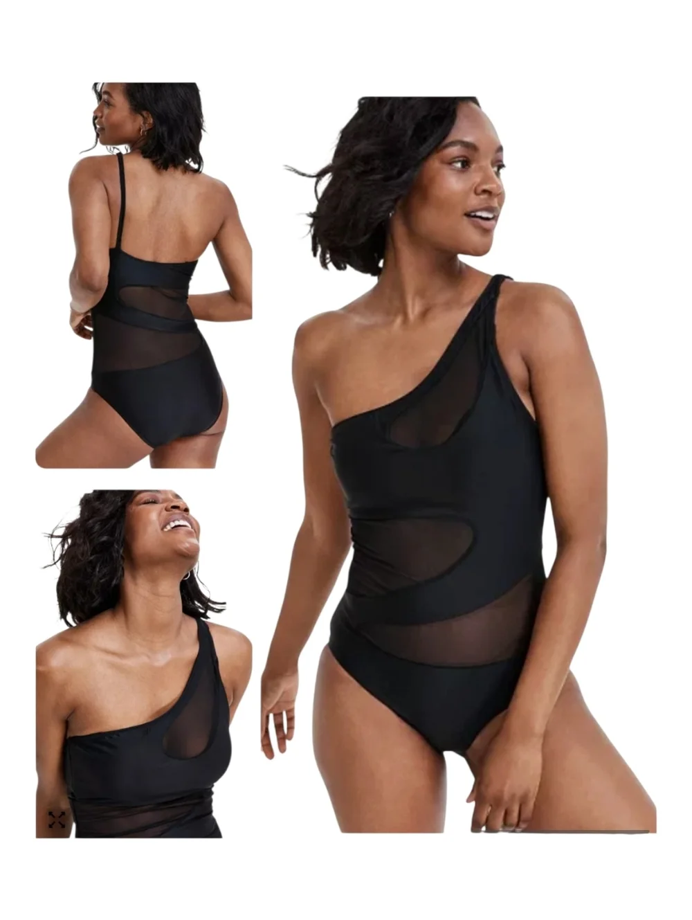 Asymmetrical Sheer Black One Piece Swimsuit With Sheer Panels